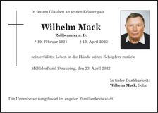 Traueranzeige Wilhelm Mack