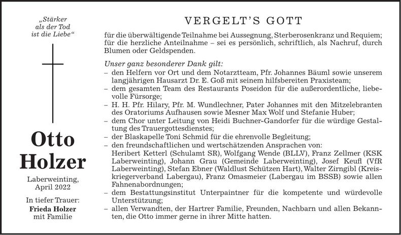 Traueranzeige Otto Holzer