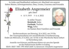 Traueranzeige Elisabeth Angermeier