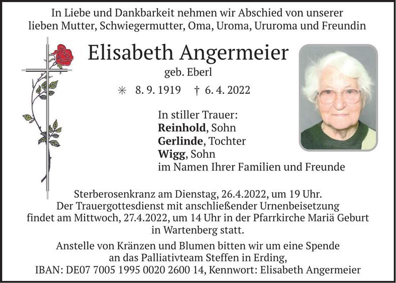 Traueranzeige Elisabeth Angermeier