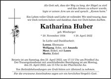 Traueranzeige Katharina Huber