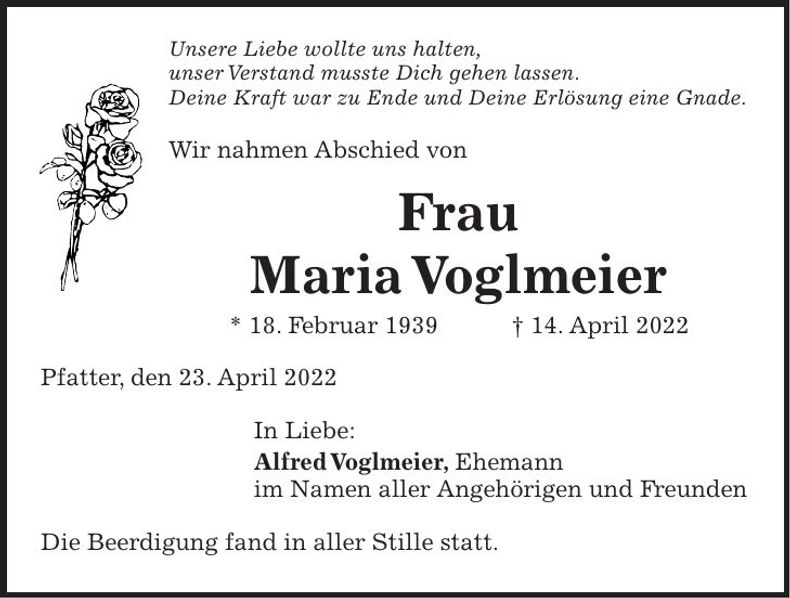 Traueranzeige Maria Voglmeier