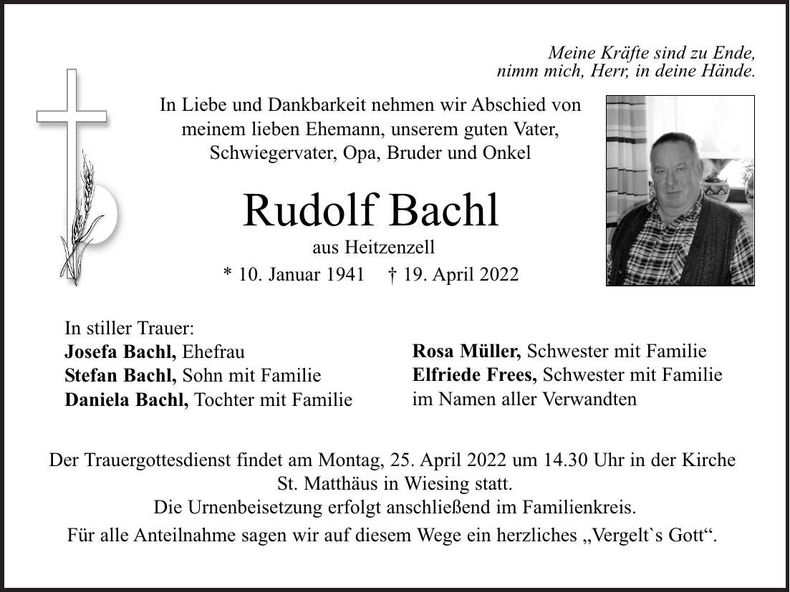 Traueranzeige Bachl Rudolf