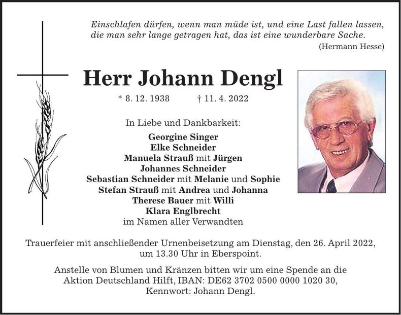 Traueranzeige Johann Dengl