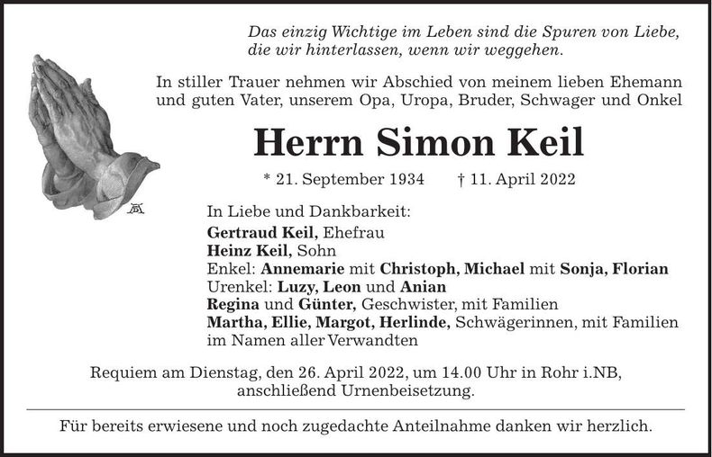 Traueranzeige Simon Keil