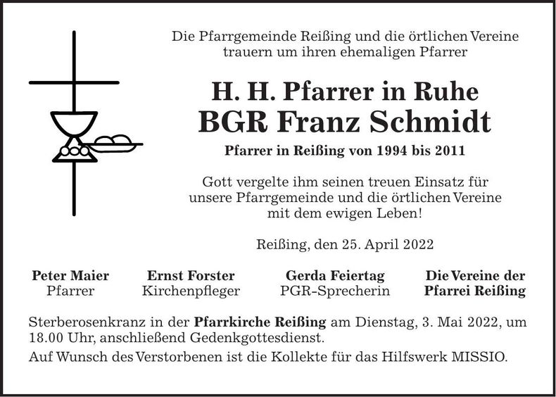 Traueranzeige Franz H. H. Pfarrer BGR Schmidt
