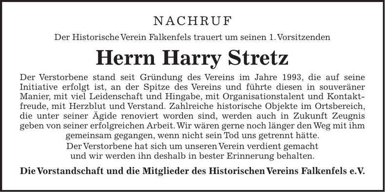Traueranzeige Harry Stretz