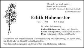 Traueranzeige Edith Hohenester