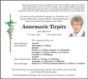Traueranzeige Annemarie Tirpitz