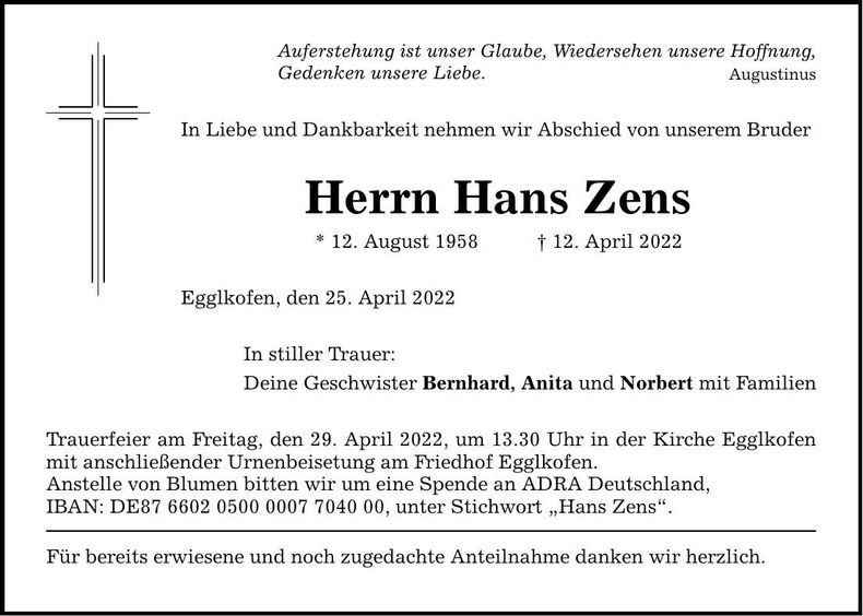 Traueranzeige Hans Zens