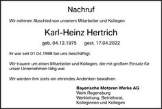 Traueranzeige Karl Heinz Hertrich