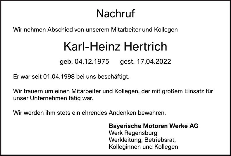 Traueranzeige Karl Heinz Hertrich