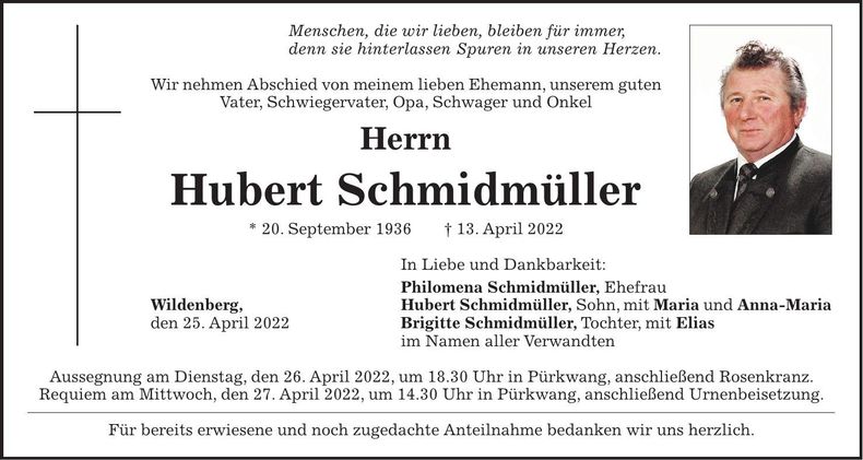 Traueranzeige Hubert Schmidmüller