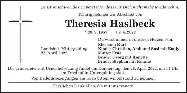 Traueranzeige Theresia Haslbeck