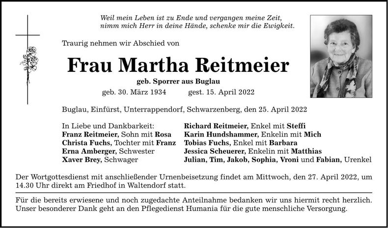 Traueranzeige Martha Reitmeier