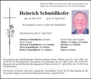 Traueranzeige Heinrich Schmidlkofer