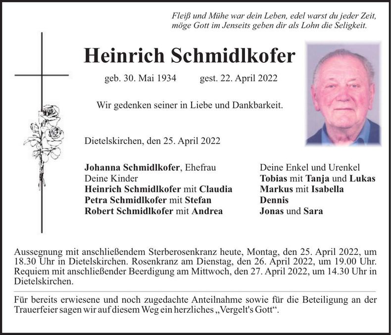 Traueranzeige Heinrich Schmidlkofer
