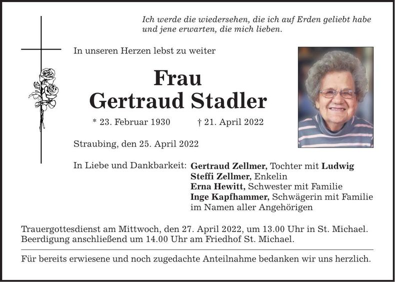 Traueranzeige Gertraud Stadler