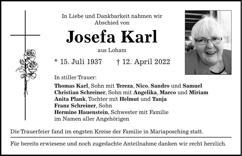 Traueranzeige Josefa Karl