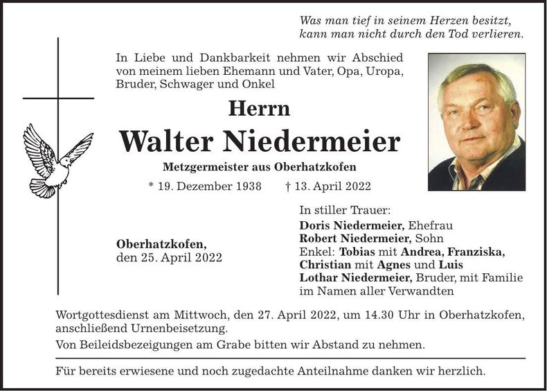 Traueranzeige Walter Niedermeier