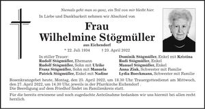 Traueranzeige Wilhelmine Stögmüller