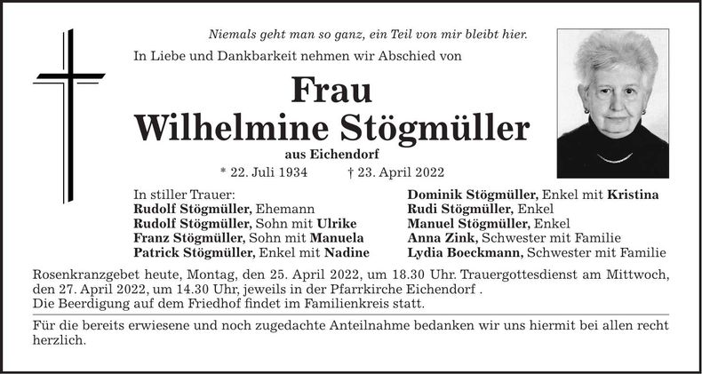 Traueranzeige Wilhelmine Stögmüller