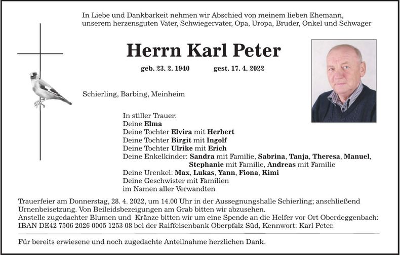 Traueranzeige Karl Peter