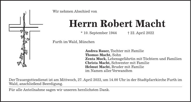 Traueranzeige Robert Macht