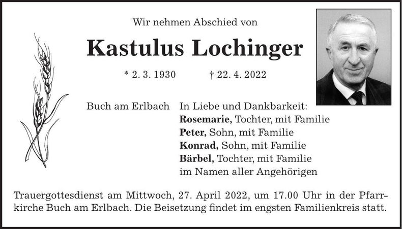 Traueranzeige Kastulus Lochinger