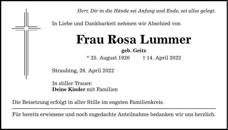 Traueranzeige Rosa Lummer