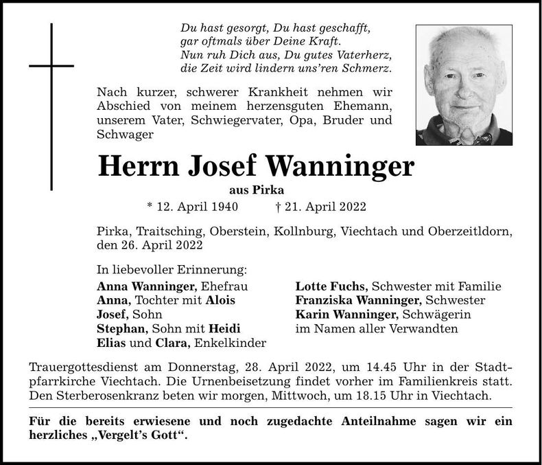 Traueranzeige Josef Wanninger