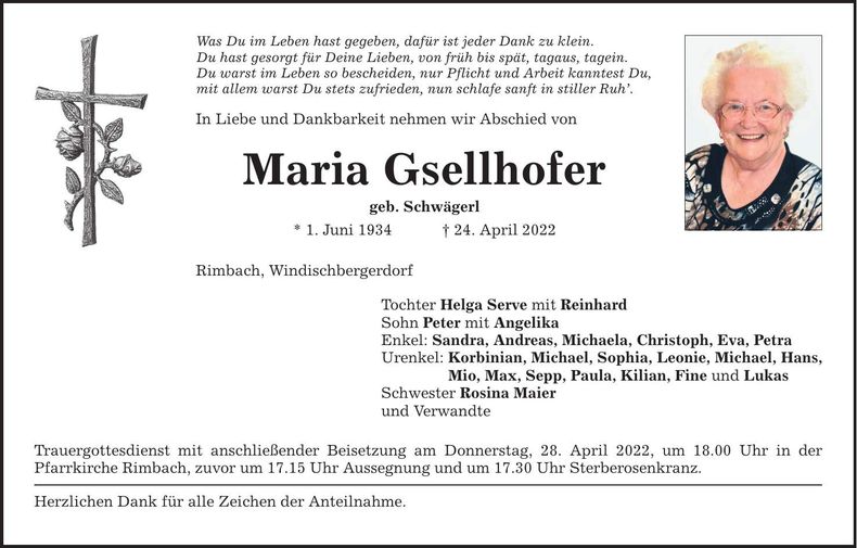 Traueranzeige Maria Gsellhofer