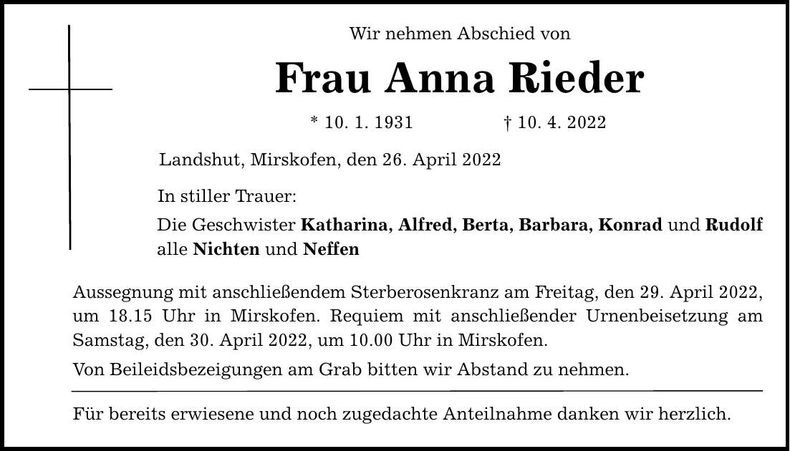 Traueranzeige Anna Rieder