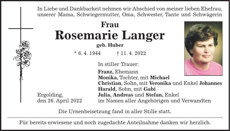 Traueranzeige Rosemarie Langer
