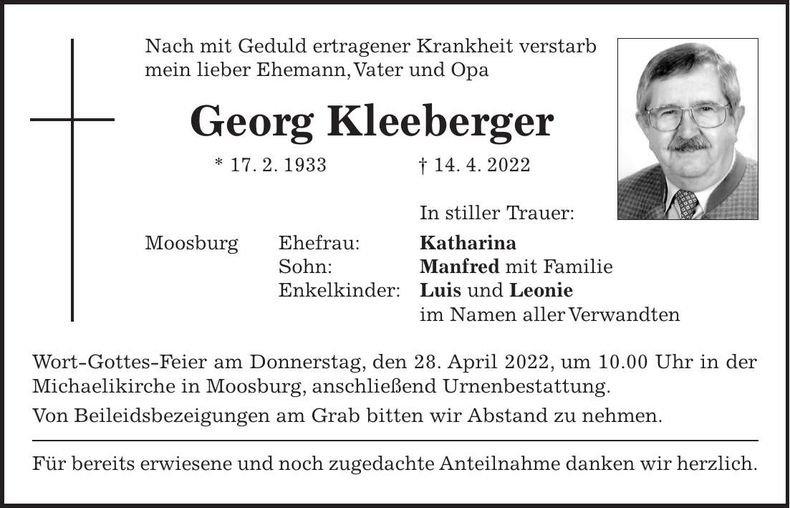Traueranzeige Georg Kleeberger