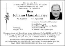Traueranzeige Johann Hainzlmaier