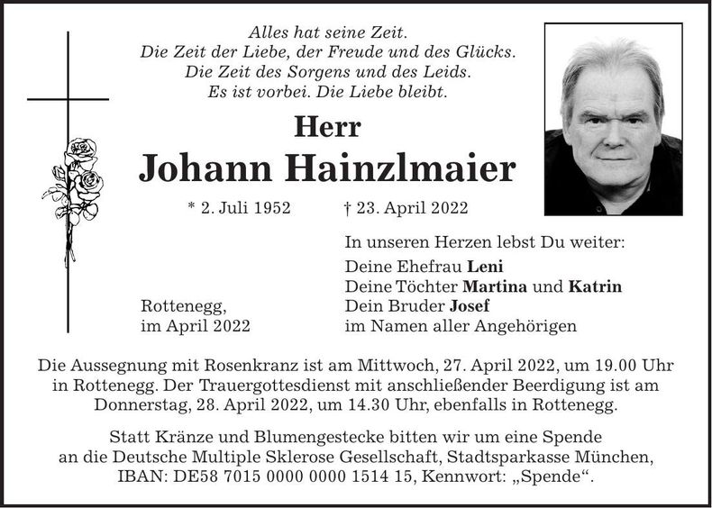 Traueranzeige Johann Hainzlmaier