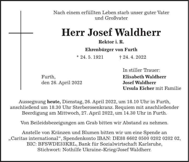 Traueranzeige Josef Waldherr