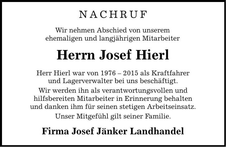 Traueranzeige Josef Hierl