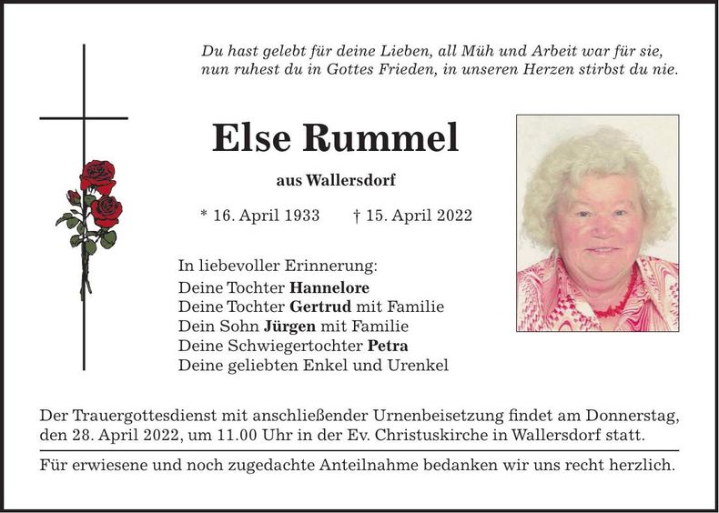 Traueranzeige Else Rummel