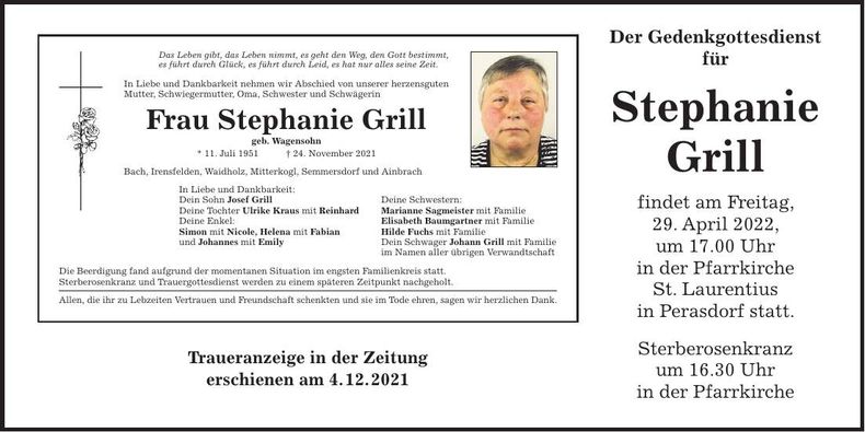 Traueranzeige Stephanie Grill