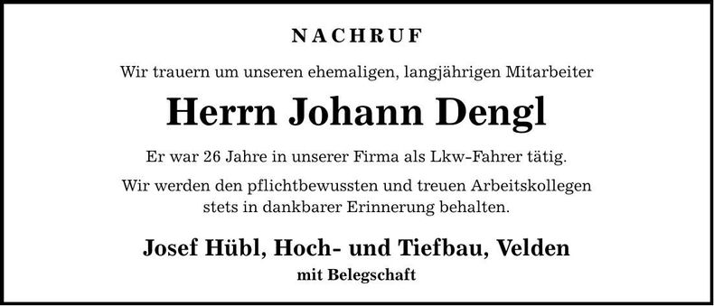 Traueranzeige Johann Dengl
