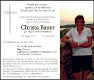 Traueranzeige Christa Bauer