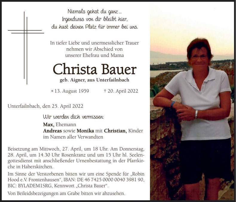Traueranzeige Christa Bauer