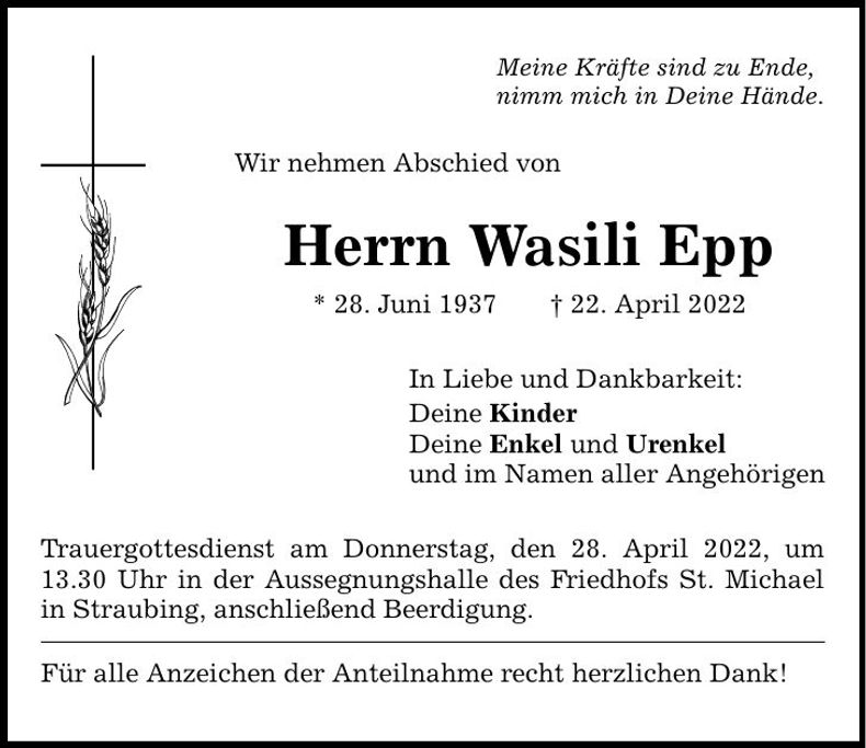Traueranzeige Wasili Epp