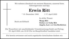 Traueranzeige Erwin Ritt