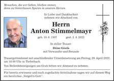 Traueranzeige Anton Stimmelmayr
