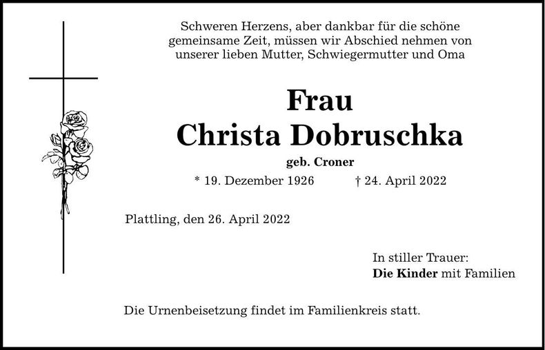 Traueranzeige Christa Dobruschka