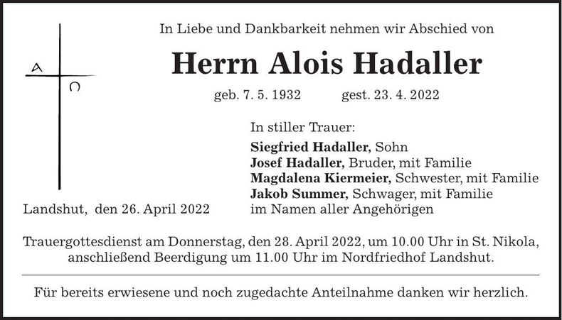Traueranzeige Alois Hadaller