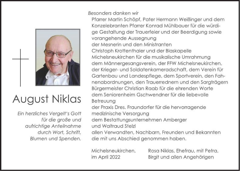 Traueranzeige August Niklas